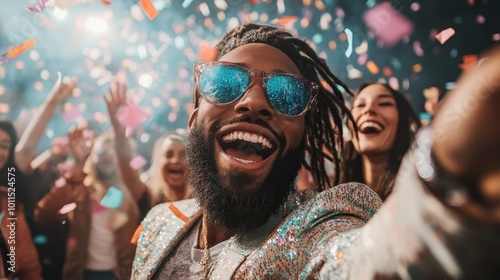 A cheerful man in sunglasses takes a selfie amidst a lively crowd celebrating with colorful confetti, embodying the spirit of joy and festivity. photo