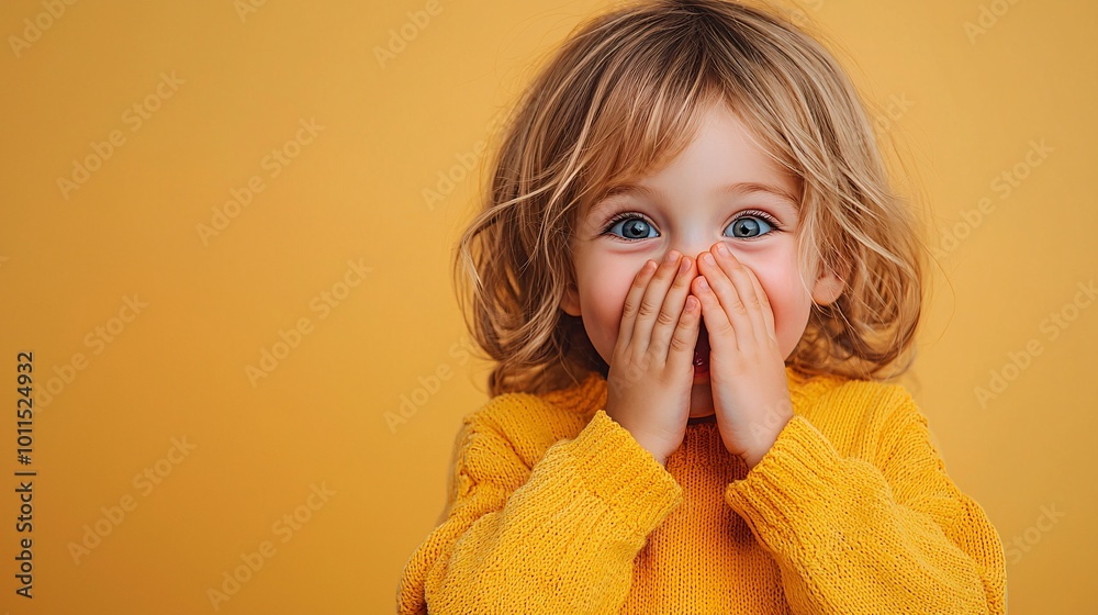 kid is smiling, covering mouth with hand,flat color background, 