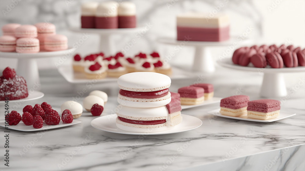 a delightful assortment of gourmet pastries and desserts, beautifully arranged on a pristine marble surface. a delightful assortment of gourmet pastries and desserts, beautifully arranged on a pristine marble surface.