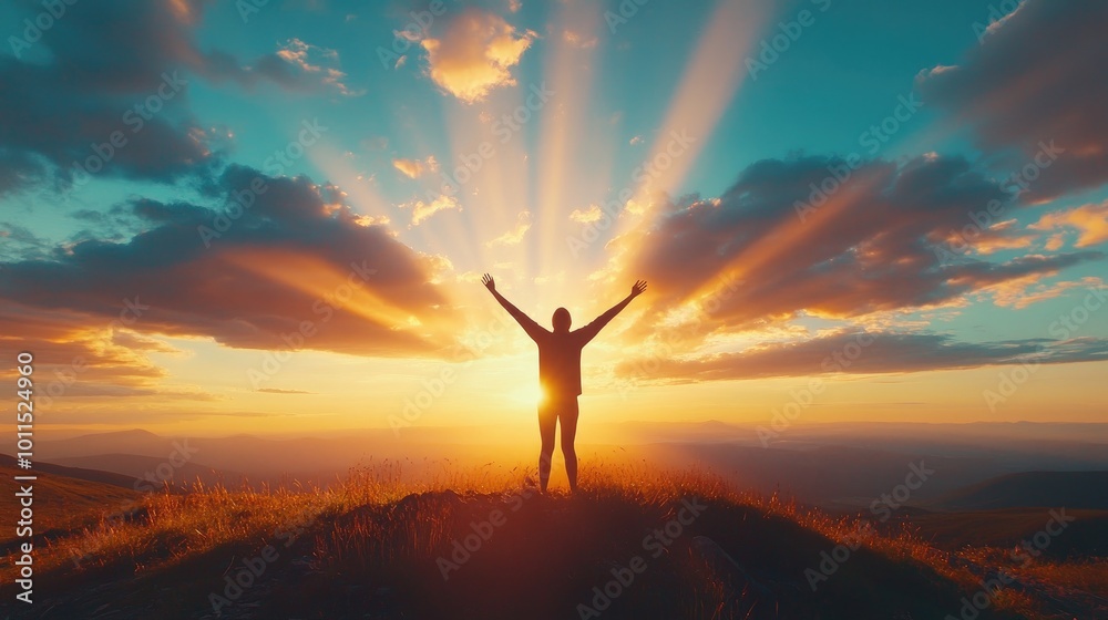 Close-up of a person on a hilltop with arms raised, silhouetted against a vibrant sunset with rays streaming through clouds Close-up of a person on a hilltop with arms raised, silhouetted against a vibrant sunset with rays streaming through clouds