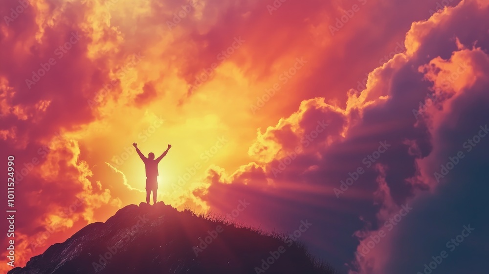 Close-up of a person on a hilltop with arms raised, silhouetted against a vibrant sunset with rays streaming through clouds Close-up of a person on a hilltop with arms raised, silhouetted against a vibrant sunset with rays streaming through clouds