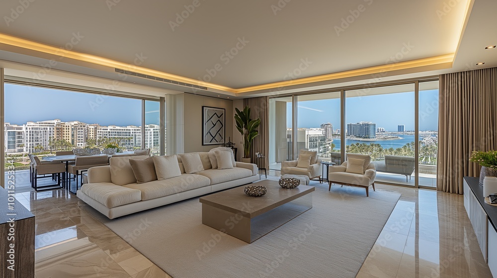 Fototapeta premium Luxury Modern Living Room with Panoramic Ocean View and Minimalist Interior Design