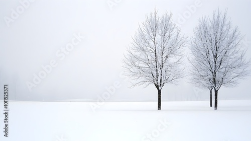 Winter Serenity - Barren Trees in Snow-Dusted Fields Under Cold Winds Capturing the Stillness and Calm of the Countryside During Winters First Snow