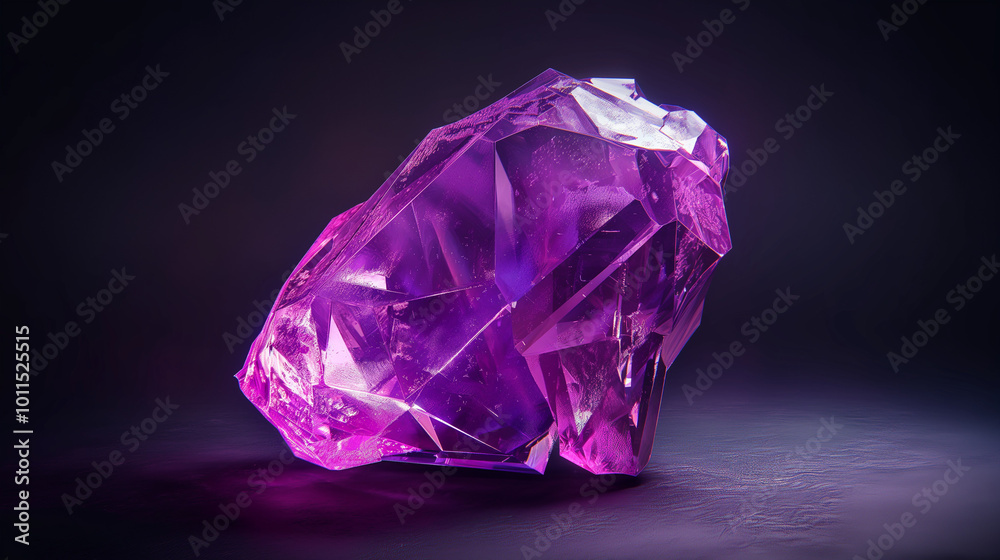 A vivid purple crystal sits elegantly on a dark surface, showcasing its intricate facets and luminous qualities in a serene setting A vivid purple crystal sits elegantly on a dark surface, showcasing its intricate facets and luminous qualities in a serene setting