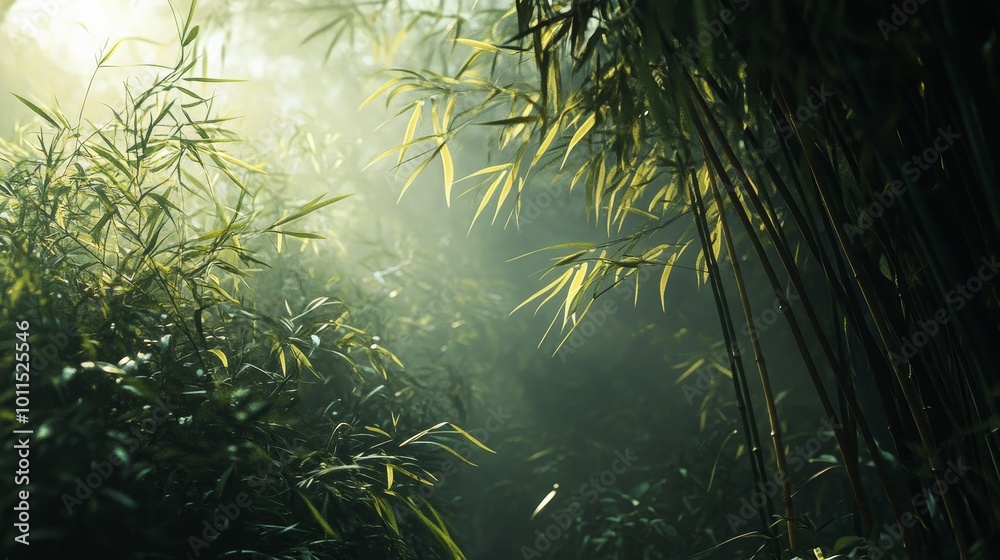 Fototapeta premium Morning Serenity in Bamboo Grove, a tranquil scene of verdant bamboo stalks illuminated by gentle sunlight, symbolizing renewal and growth