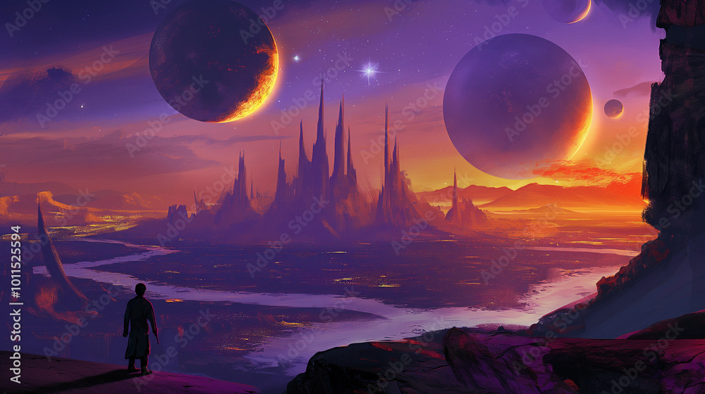 A traveler gazes at a mystical sunset over a distant planet with towering structures and celestial bodies in the sky A traveler gazes at a mystical sunset over a distant planet with towering structures and celestial bodies in the sky
