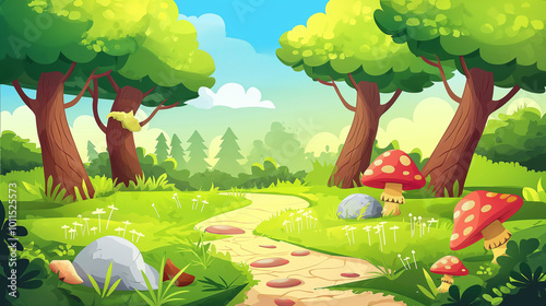 A vibrant forest pathway leading through lush greenery and colorful mushrooms under a bright blue sky