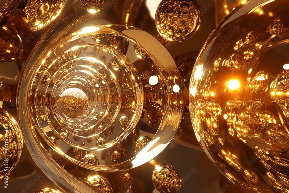 Golden Spiral of Light: Futuristic Reflections and Radiant Spheres