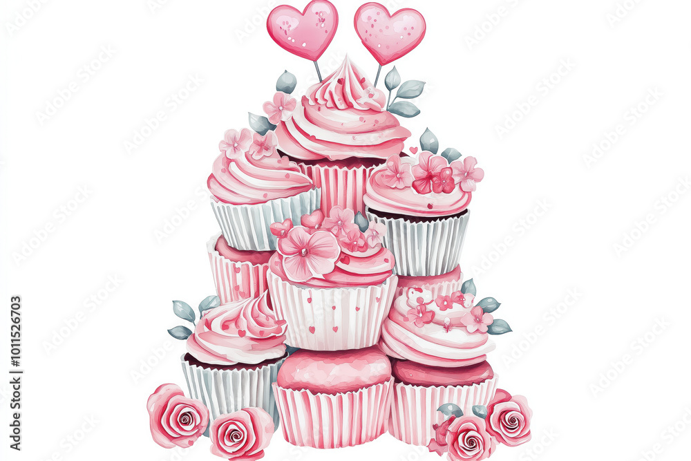 A delightful tower of pink cupcakes adorned with roses and hearts, perfect for celebrations and sweet treats. A delightful tower of pink cupcakes adorned with roses and hearts, perfect for celebrations and sweet treats.