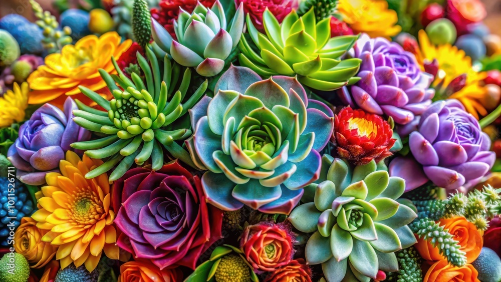 A vibrant and eclectic bouquet of succulents, roses, and other floral delights in a spectrum of colors, creating a captivating display of nature's artistry. A vibrant and eclectic bouquet of succulents, roses, and other floral delights in a spectrum of colors, creating a captivating display of nature's artistry.