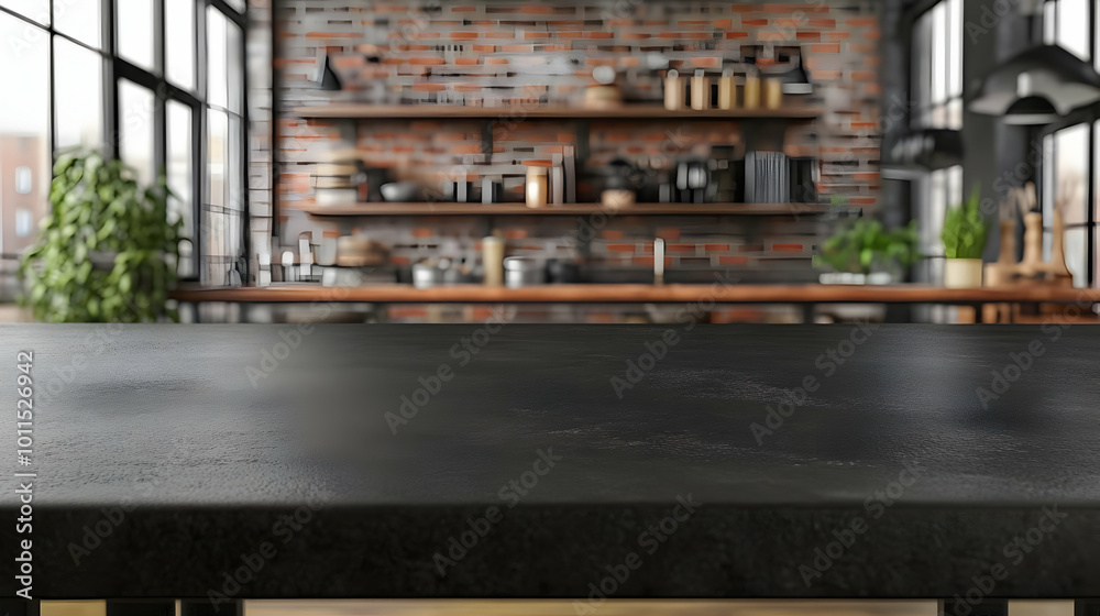 Fototapeta premium Modern Black Table in Blurred Kitchen Interior