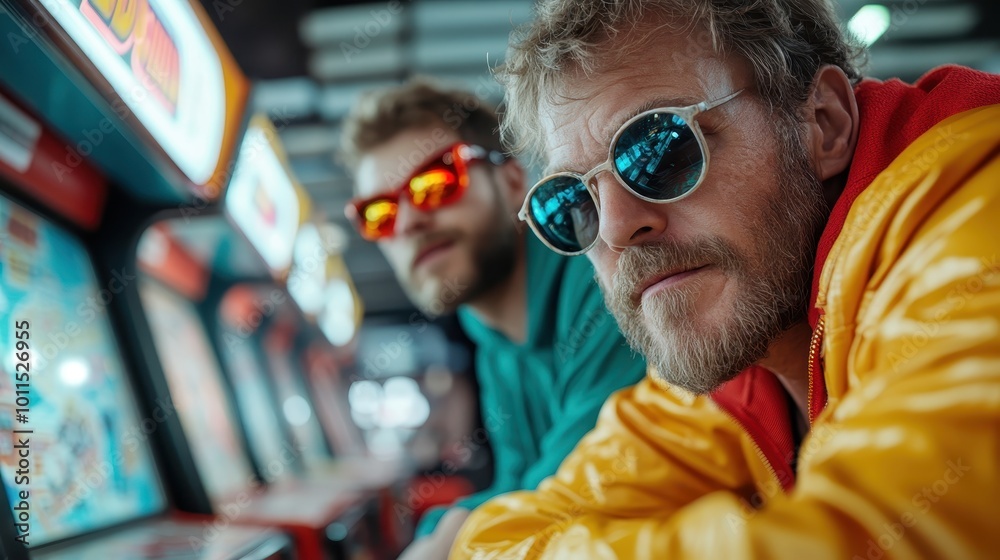 Two men wearing brightly colored sunglasses are intensely focused on playing arcade games inside a retro-inspired gaming arena. Two men wearing brightly colored sunglasses are intensely focused on playing arcade games inside a retro-inspired gaming arena.