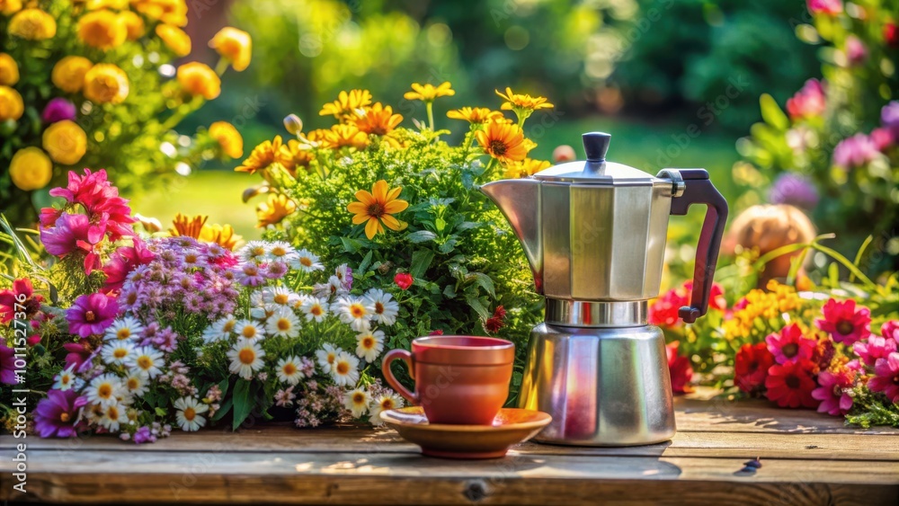 A morning coffee in a lush garden with colorful flowers in full bloom, a perfect start to a beautiful day A morning coffee in a lush garden with colorful flowers in full bloom, a perfect start to a beautiful day
