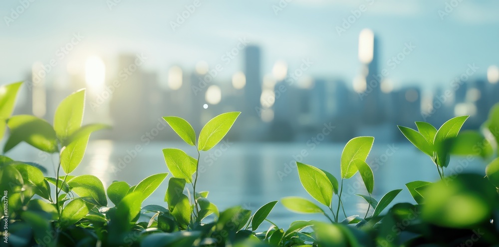 Beautiful green plants with a blurred city skyline in the background, a city park with a lake and skyscrapers. Beautiful green plants with a blurred city skyline in the background, a city park with a lake and skyscrapers.
