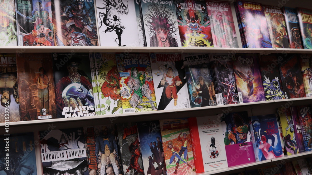 Obraz premium CARDIFF, MID GLAMORGAN, WALES UK - OCTOBER 3, 2024: COMIC BOOKS ON SHELVES DISPLAY PAPERBACKS