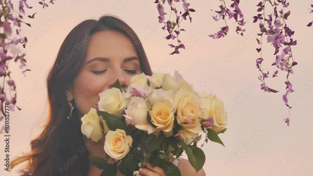 Woman enjoying bouquet of yellow roses surrounded by hanging purple flowers at sunset Woman enjoying bouquet of yellow roses surrounded by hanging purple flowers at sunset