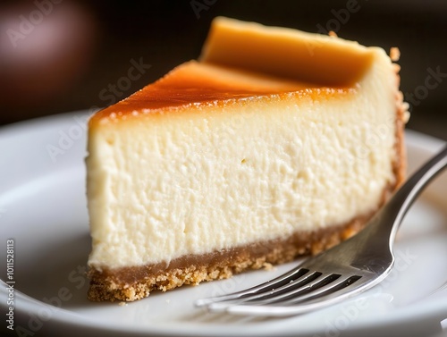 Closeup of a New York cheesecake slice with a fork taking a bite The smooth texture and rich flavor are evident