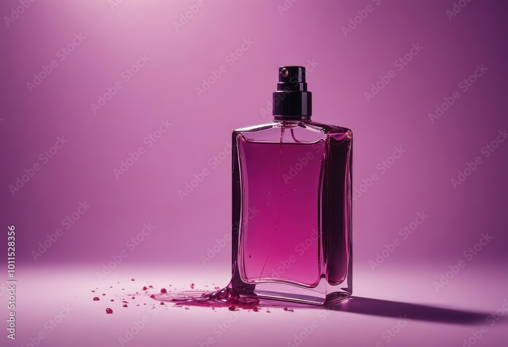 A purple glass perfume bottle with a spray nozzle, surrounded by purple liquid splashes against a solid purple background A purple glass perfume bottle with a spray nozzle, surrounded by purple liquid splashes against a solid purple background