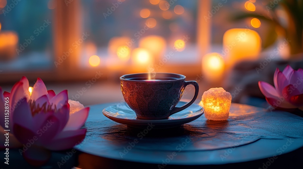 Fototapeta premium Tranquil Candlelit Sanctuary, a serene space featuring a coffee cup on a round table, illuminated by salt lamps and adorned with lotus flowers