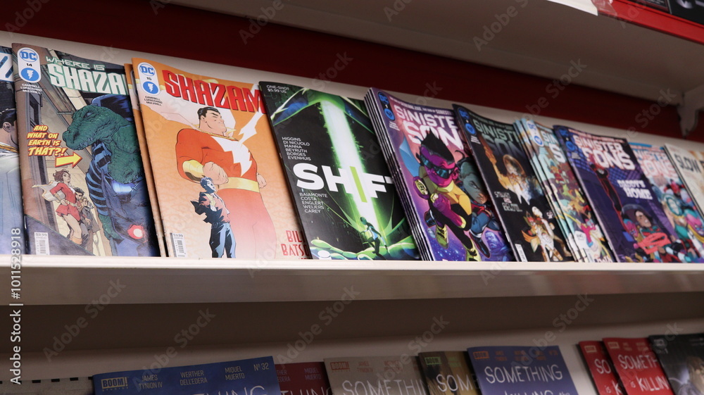 Obraz premium CARDIFF, MID GLAMORGAN, WALES UK - OCTOBER 3, 2024: COMIC BOOKS ON SHELVES DISPLAY PAPERBACKS