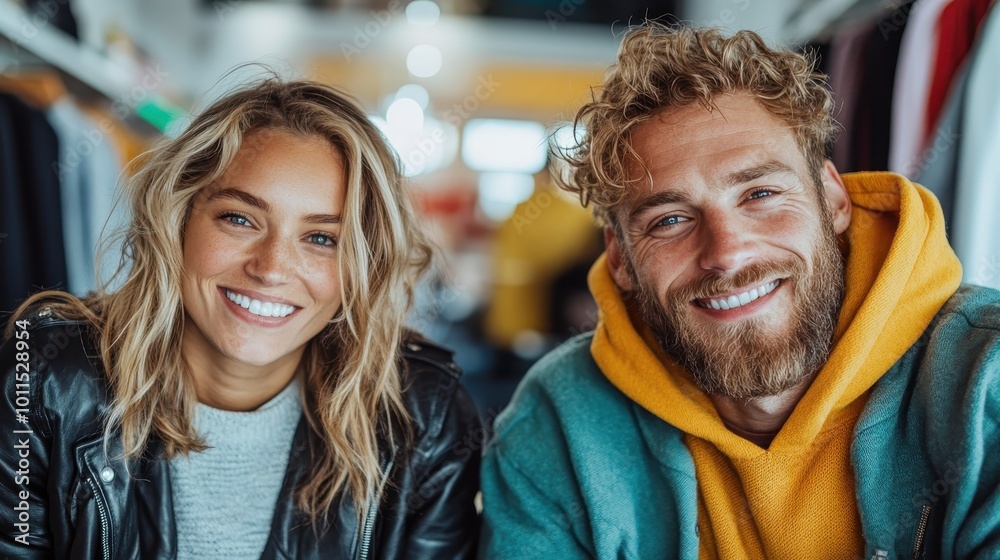 A happy couple posing inside a stylish store, showcasing their casual jackets and warm demeanor, captured with bright lighting emphasizing their smiles. A happy couple posing inside a stylish store, showcasing their casual jackets and warm demeanor, captured with bright lighting emphasizing their smiles.