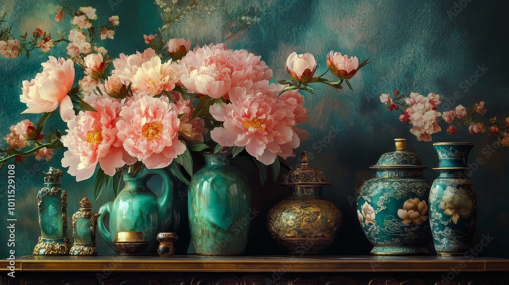 Opulent Still Life of Peony Flowers and Jade Figurines, Symbolizing Wealth and Elegance in Luxurious Decor