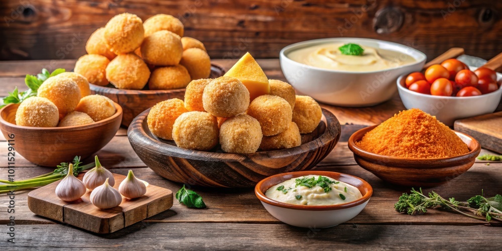 A wooden table laden with a delicious spread of fried cheese balls, creamy dips, and savory spices, perfect for a gathering of friends and family. A wooden table laden with a delicious spread of fried cheese balls, creamy dips, and savory spices, perfect for a gathering of friends and family.