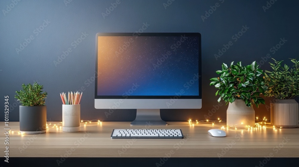 Workspace with Christmas lights on monitors and plants, minimal holiday decor Workspace with Christmas lights on monitors and plants, minimal holiday decor