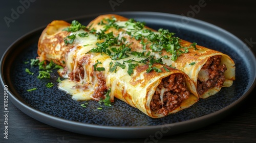 Delicious beef enchiladas topped with melted cheese and fresh herbs served on a stylish plate.