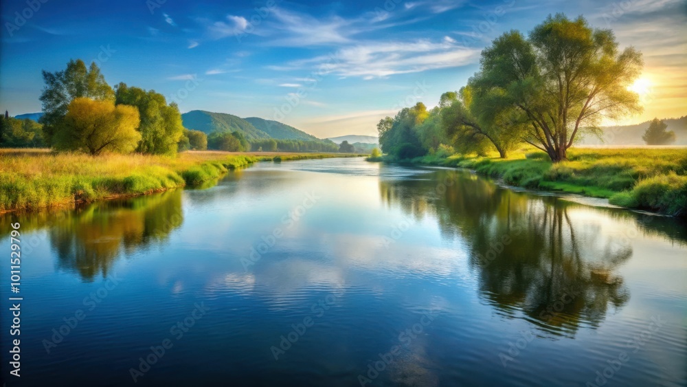 Serene River Reflecting a Tranquil Sky with Lush Greenery and Majestic Trees on the Banks Serene River Reflecting a Tranquil Sky with Lush Greenery and Majestic Trees on the Banks