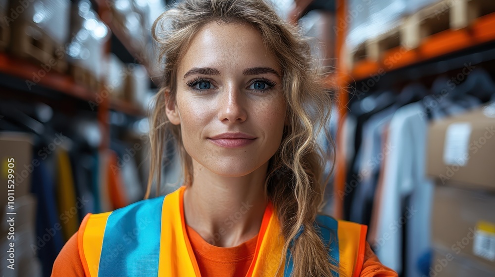 A confident woman with blonde hair and an orange vest smiles while standing amidst shelves stocked with boxes, highlighting an organized warehouse setting. A confident woman with blonde hair and an orange vest smiles while standing amidst shelves stocked with boxes, highlighting an organized warehouse setting.