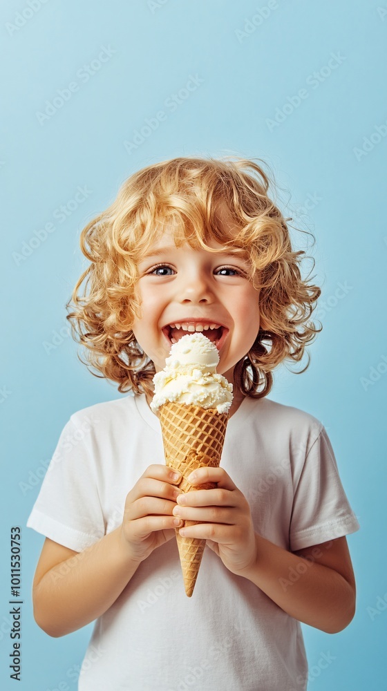 Cheerful kid eating ice cream in waffle cone isolated on blue Cheerful kid eating ice cream in waffle cone isolated on blue