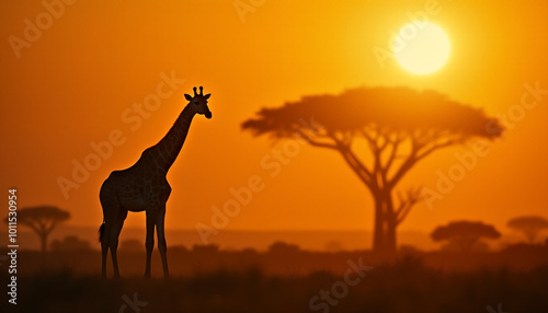 A giraffe standing in the grass at sunset