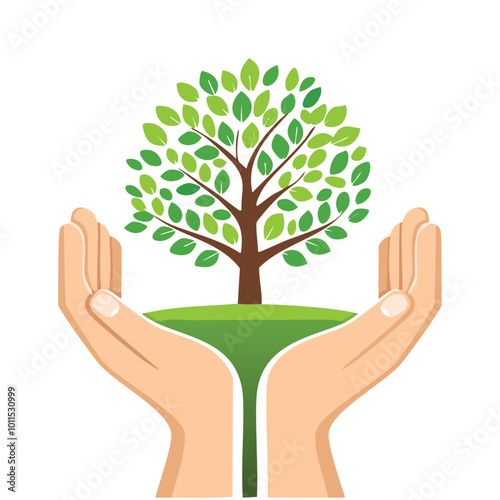 Two hands holding a tree, symbolizing care for nature.