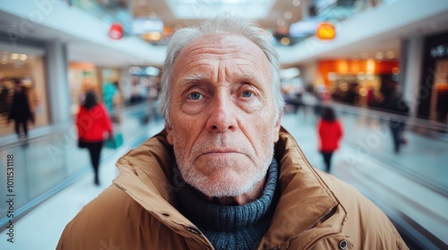 In a bustling shopping center, an older man with a solemn expression stands in focus, wearing a tan coat over a sweater, amidst blurred shoppers passing by.