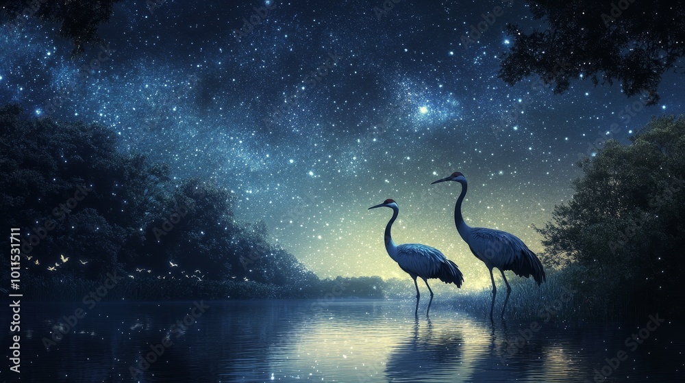 Fototapeta premium Cranes by the river, serene waters reflecting starlit sky, embodying tranquility and timeless elegance in nature's embrace