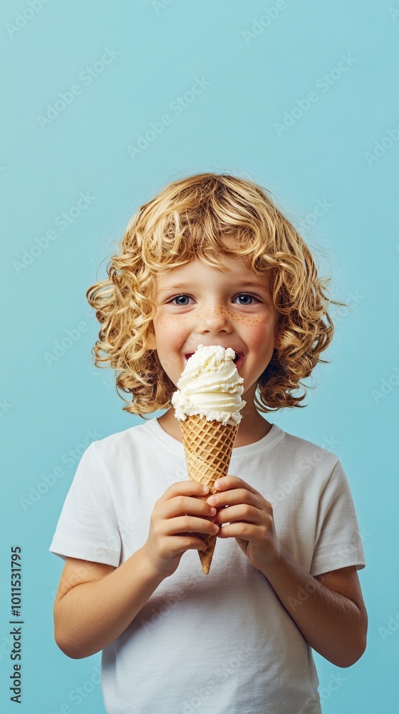 Cheerful kid eating ice cream in waffle cone isolated on blue Cheerful kid eating ice cream in waffle cone isolated on blue