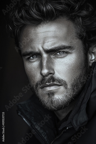 black and white portrait of a handsome man with a beard and a serious expression