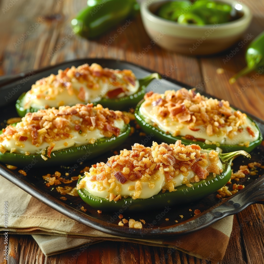 Spicy Jalapeno Poppers Stuffed with Cream Cheese, Bacon, and Breadcrumbs on a Rustic Table Spicy Jalapeno Poppers Stuffed with Cream Cheese, Bacon, and Breadcrumbs on a Rustic Table