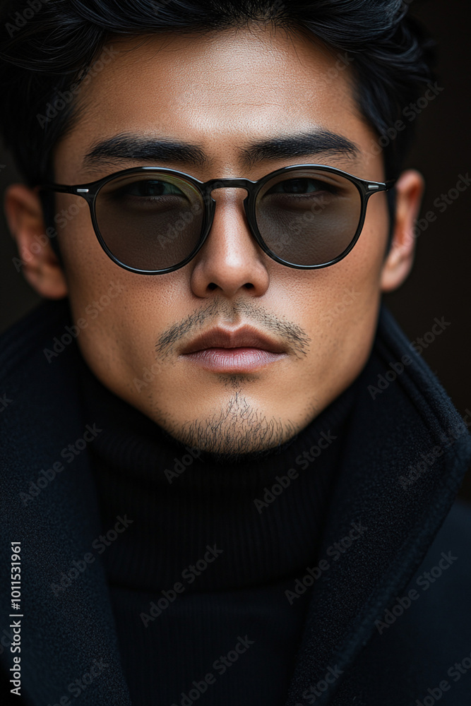 stylish man in black turtleneck and sunglasses - closeup portrait - serious mood stylish man in black turtleneck and sunglasses - closeup portrait - serious mood