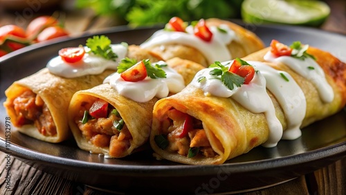 Mexican chimichangas on plate with white sauce drizzle photo