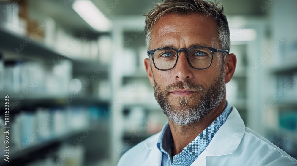 A scientist with glasses and a serious expression, dressed in a white lab coat, stands in a modern laboratory filled with various scientific equipment. A scientist with glasses and a serious expression, dressed in a white lab coat, stands in a modern laboratory filled with various scientific equipment.