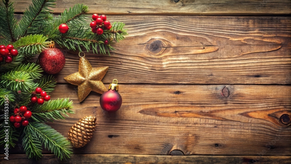 Rustic Christmas Background with Pine Branches, Red Baubles, and a Golden Star Ornament on a Weathered Wooden Plank Surface Rustic Christmas Background with Pine Branches, Red Baubles, and a Golden Star Ornament on a Weathered Wooden Plank Surface