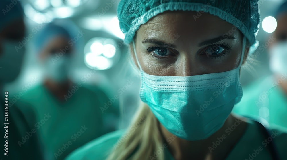 A close-up of a surgeon's face, covered with a protective mask and cap, surrounded by medical staff in an operating theater, focused and ready for surgery. A close-up of a surgeon's face, covered with a protective mask and cap, surrounded by medical staff in an operating theater, focused and ready for surgery.