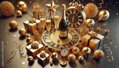 New Year’s Celebration with Gold Stars, Champagne, Clock, and Gifts Centerpiece 