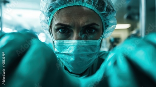 A surgeon wearing a mask and green surgical gloves is intensely focused during a procedure in a brightly lit operating room, representing dedication and expertise. photo