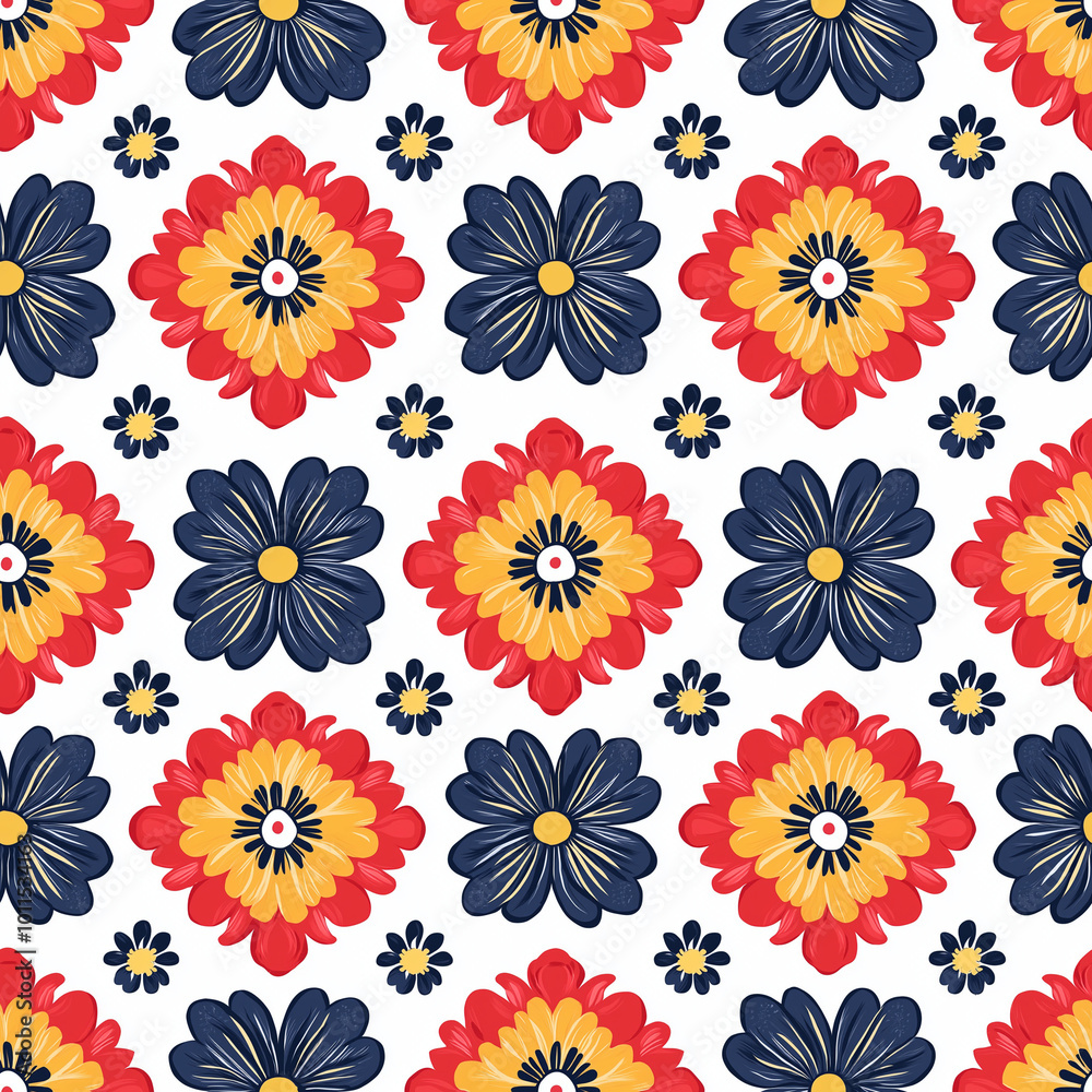 A sophisticated Bandhani seamless pattern with floral and geometric motifs in bold, contrasting colors A sophisticated Bandhani seamless pattern with floral and geometric motifs in bold, contrasting colors