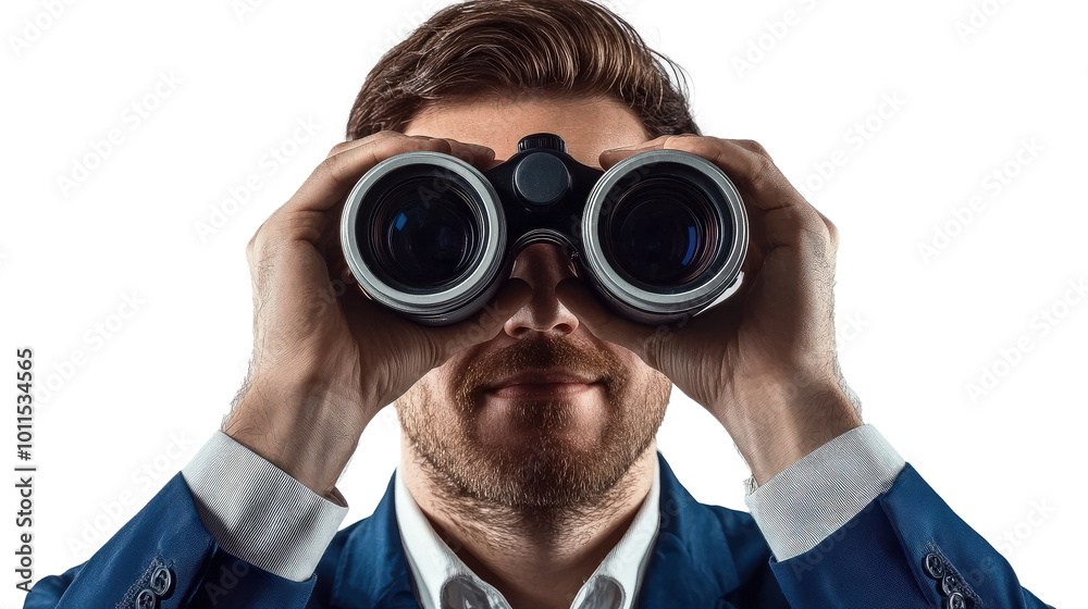 Person observing through binoculars on a gray background Person observing through binoculars on a gray background