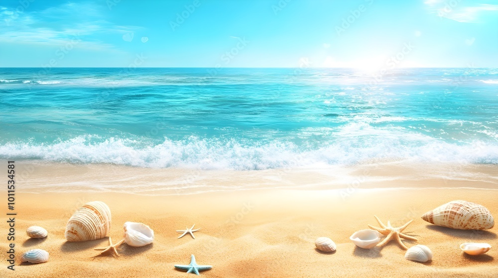 A vibrant summer travel background showcasing a sunny tropical beach with seashells and stunning turquoise ocean stretching to the horizon. A vibrant summer travel background showcasing a sunny tropical beach with seashells and stunning turquoise ocean stretching to the horizon.