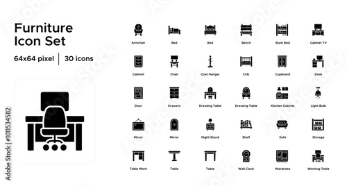 Furniture Glyph Icon Set: Sofas, Tables, Chairs, Beds, Storage Units, and Living Room Essentials
